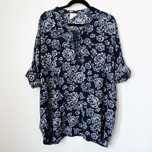 Artistic Works by Lu Blue Floral Lace Up Tie Front Tunic Top Cuff Sleeves Medium